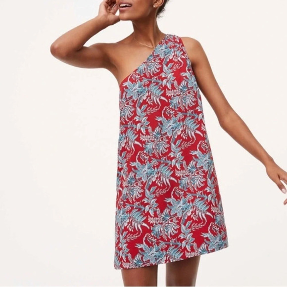 LOFT | Red & Teal One Shoulder Shift Dress - Picture 8 of 8
